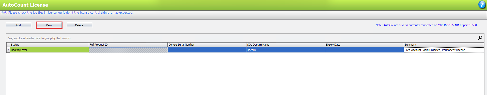 AutoCount License list with the View button marked