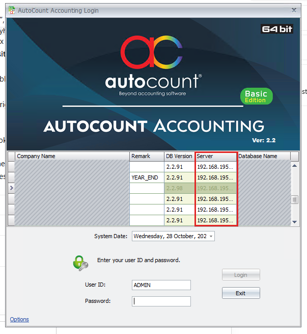 AutoCount login window with the Server column marked
