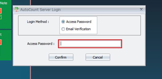 AutoCount Server Login window asking for the access password